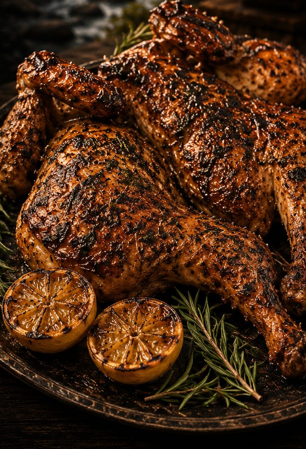 A grilled FlatBird on a cast-iron platter with rosemary and charred lemons
