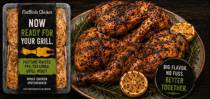 FlatBirds packaged chicken next to a grilled platter